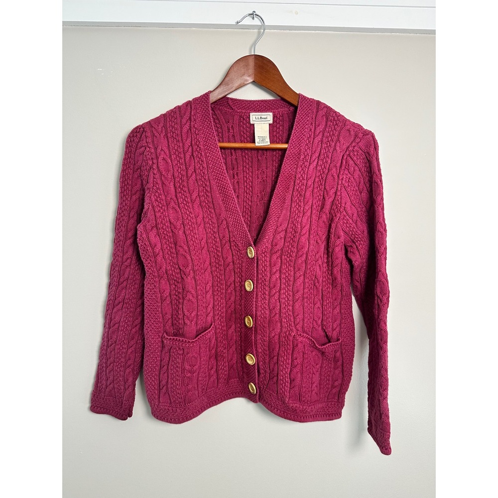 LL Bean Cable Knit Cardigan Women Small Magenta Pink EUC Cotton Wood Button